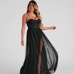 Windsor Estelle Formal High Slit A-Line Dress, Black, Size Small